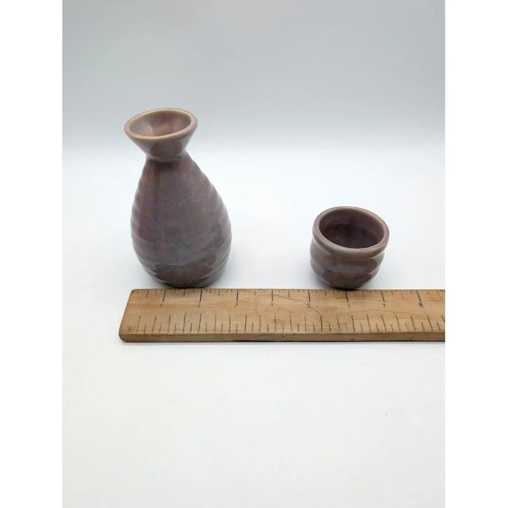 Vintage‎ Handmade Japanese Ceramic Sake Tokkuri Carafe Ochoko Cups Glazed Purple